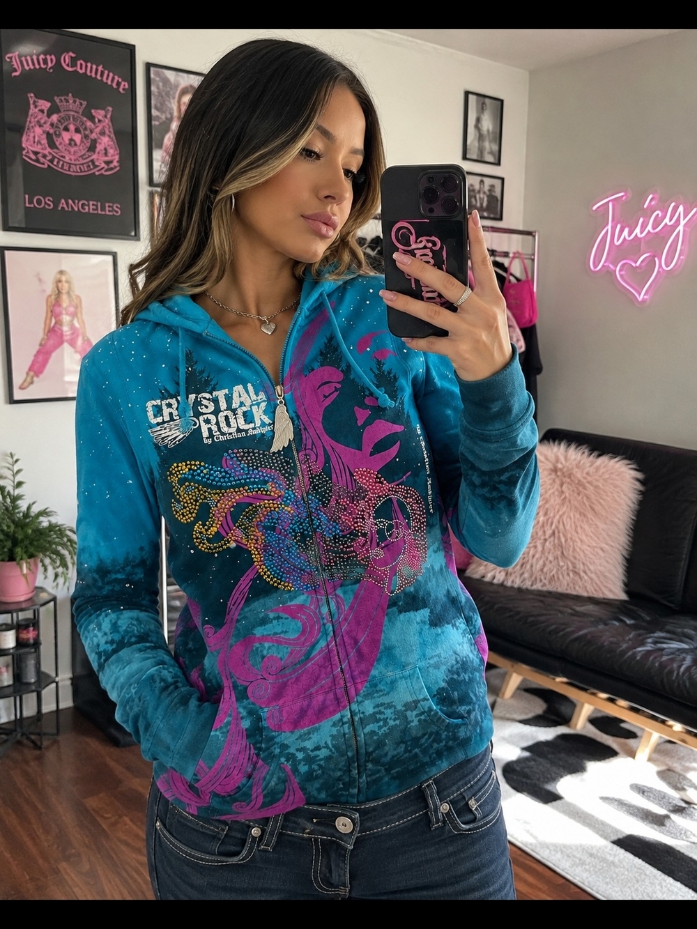 Crystal Rock by Christian Audigier Y2K Rhinestone Zip Hoodie | Turquoise|Size S